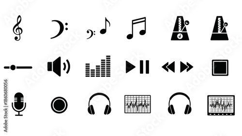 Extensive collection of black music and audio control icons on isolated white background.