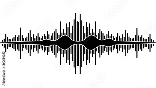 Complex Dynamic Audio Sound Wave Graphic with Central Waveform and Vertical Equalizer Bars, Isolated White Background