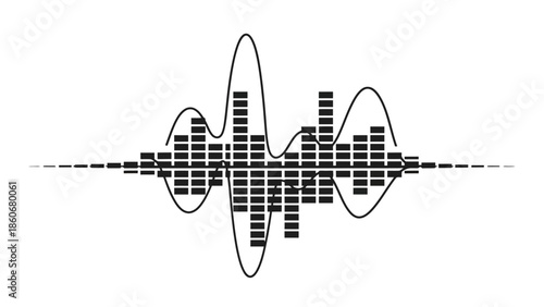 Dynamic Horizontal Audio Equalizer Graphic with Undulating Sound Wave and Vertical Bars, Isolated White Background