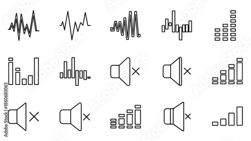 Black Outline Sound and Volume Control Icons Set with Sound Waves, Equalizer Bars, and Muted Speakers, Isolated White Background