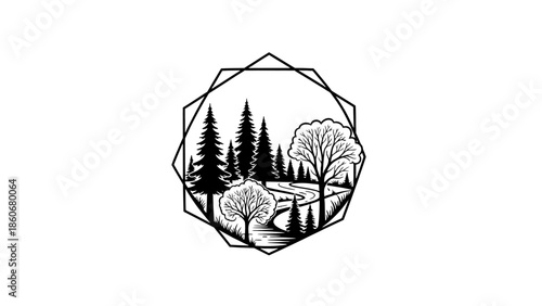 Geometric Octagonal Frame Enclosing a Detailed Forest Landscape with Pine and Deciduous Trees, Artistic Nature Emblem on an Isolated White Background