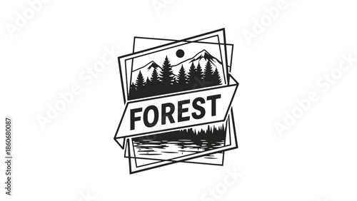 Vintage Forest Landscape Badge Logo with Pine Trees, Mountains, and Lake, Rustic Outdoor Adventure Emblem on an Isolated White Background
