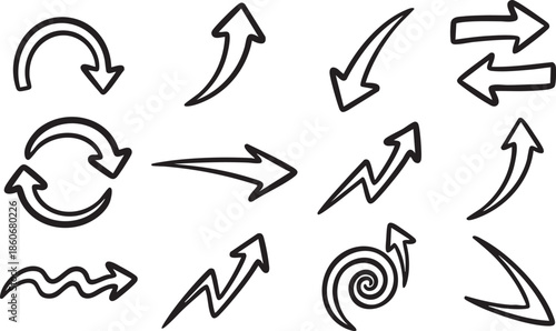 Collection of hand drawn arrows and directional symbols