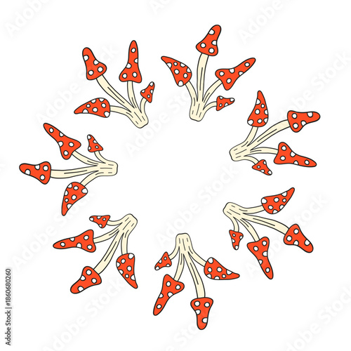 Cute round frame with hand drawn red fly agaric amanita mushrooms isolated on white background. Autumn circle composition.