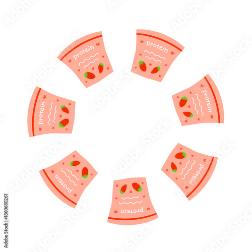 Round frame with strawberry protein powder in plastic bottles isolated on white background. Wreath with sport supplements and empty space for text.