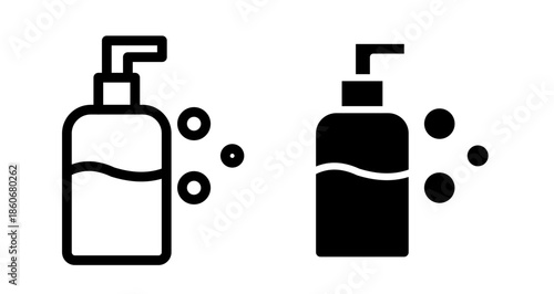 Liquid soap bottle Icon collection in filled and stroke style.
