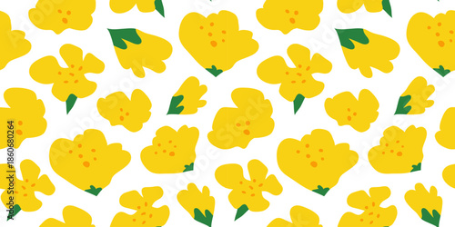 Bold seamless pattern with hand drawn big rapeseed flowers on white background. Blooming canola plants.