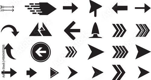 Collection of various black arrow icons on white background