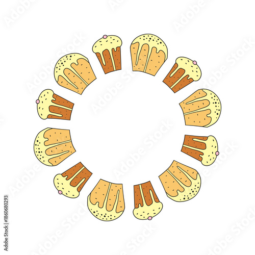 Cute round wreath with doodle glazed Easter kulich cakes isolated on white background. Italian panettone biscuits.