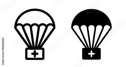 Parachute with first aid kit Icon collection in filled and stroke style.