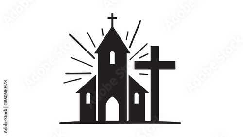 Minimalist church and cross illustration with radiant light effect