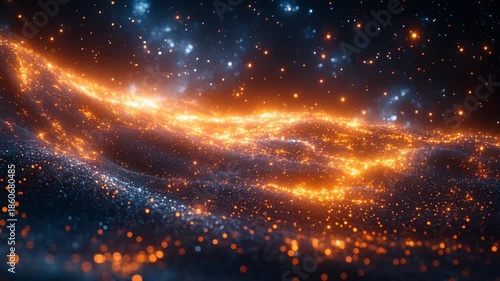 Vibrant cosmic landscape with glowing particles and stars