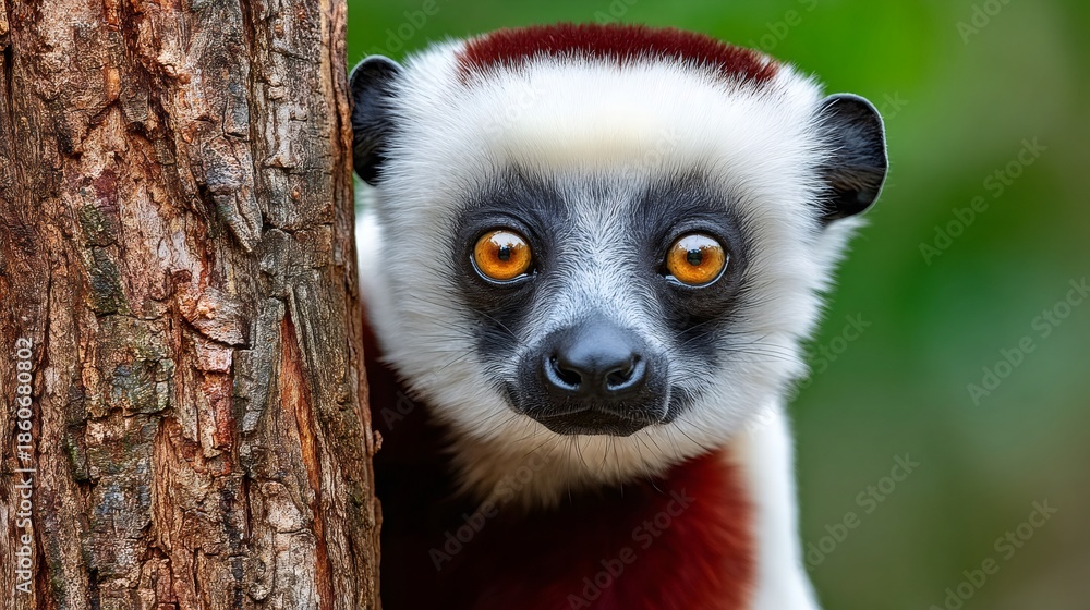 Obraz premium Coquerel's sifaka lemur peeking from behind tree trunk
