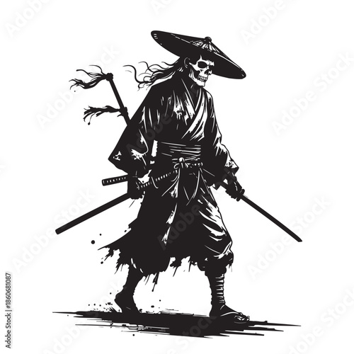 Skeleton samurai warrior with swords
