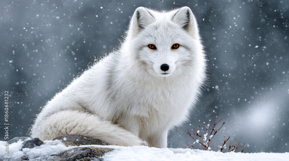 Naklejka premium Arctic fox standing in winter snow falling