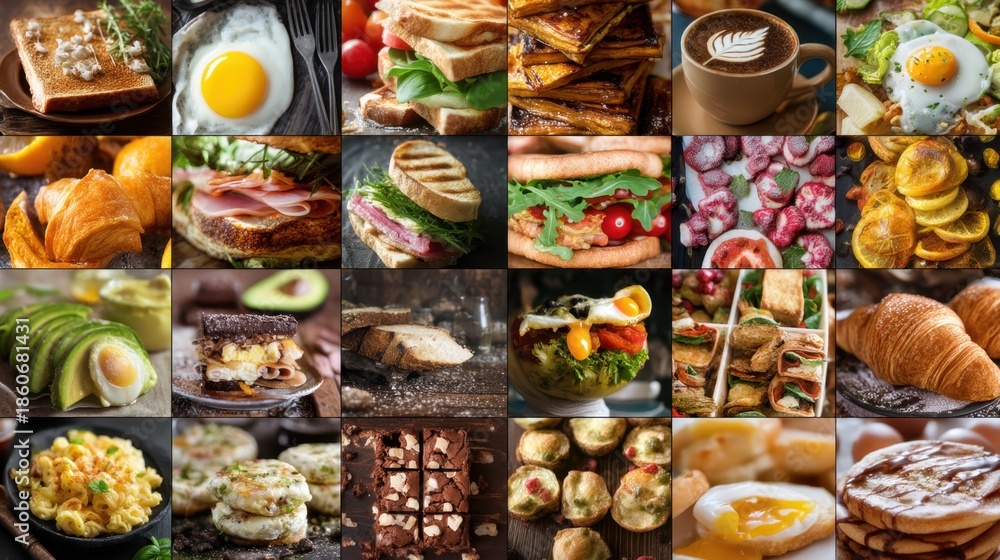 Fototapeta premium This image features a vibrant collage of various breakfast and snack foods, including pancakes, sandwiches, pastries, coffee, and fresh produce. Each section showcases a different culinary delight, of