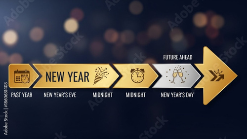 New Year Timeline Infographic Arrow with Gold and Silver Segments on Bokeh Background