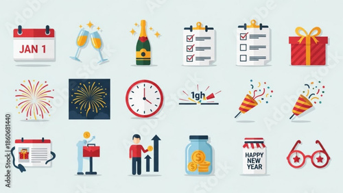 New Year Celebration and Planning Icons Set on White Background