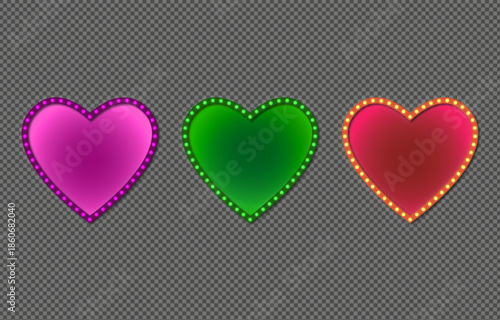 Romantic purple, green, and red glowing neon heart shapes with circular light borders for decorative, romantic, love and celebration themes