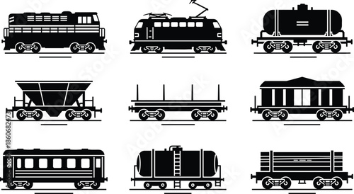 Railway freight and passenger wagon icon set, train transport vehicles collection, logistics cargo transit, industrial rail transportation illustration