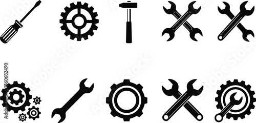 Repair and maintenance tools icon set showing wrench screwdriver hammer gear symbols for mechanical service engineering illustration