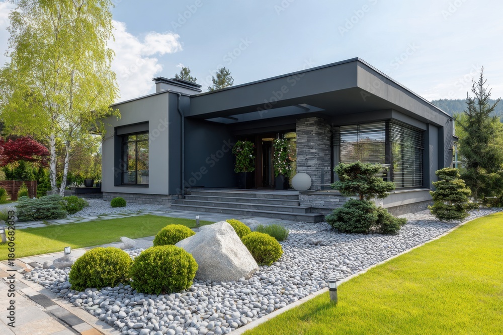 Fototapeta premium A contemporary home featuring a beautiful stone entrance, complemented by a meticulously landscaped garden, situated in a tranquil residential neighborhood on a bright, sunny day