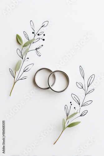 Interlocking wedding rings on a minimalist background with decorative foliage, symbolizing love and commitment, perfect for engagement or wedding themes and celebrations