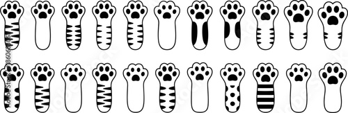 Black and white vector collection of cute cat and tiger paw prints with various patterns for pet shop graphic design.