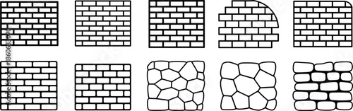 Black and white vector collection of brick wall patterns and stone masonry textures for architectural graphic design background elements.