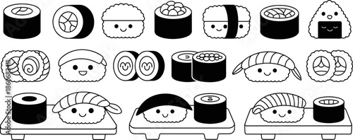 Black and white vector collection of cute kawaii sushi characters, japanese food rolls, and rice balls for restaurant menu design.