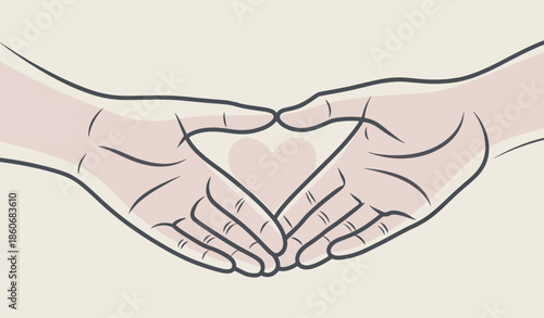 Minimalist Illustration of Two Hands Forming a Heart Shape Symbolizing Love and Unity