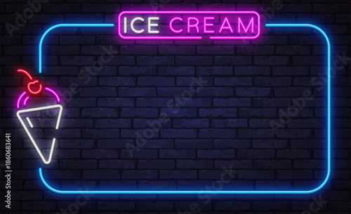 Bright neon vector frame with ice cream cone icon on dark brick background. Perfect for dessert menus, cafe boards, and summer promotions.