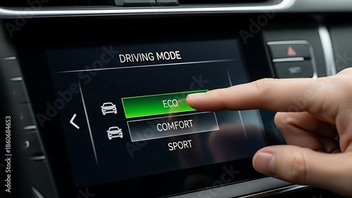 Driver actively selecting the 'ECO' driving mode on a car's digital dashboard display to optimize fuel efficiency and support sustainable travel