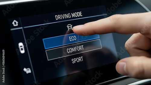 Selecting a driving mode on a car's infotainment system, choosing between eco, comfort, and sport