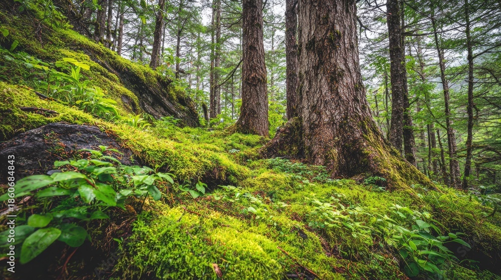 Obraz premium Lush green moss carpets the base of massive trees within a dense temperate forest