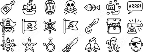 Black and white vector line art icon set of pirate elements like skull, ship, and treasure for adventure graphic design.t