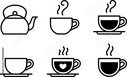 Black and white vector line art icon set of steaming tea cups and kettle for cafe menu graphic design.