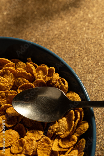 Comida. Plato de Cereal. Close-Up con una cuchara.
