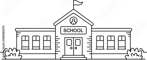 Black and white vector line art illustration of a school building exterior with flag for education and back to school design.