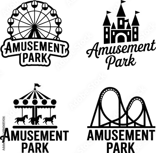 Black and white vector logo collection for amusement parks featuring ferris wheel, castle, carousel, and roller coaster silhouettes.