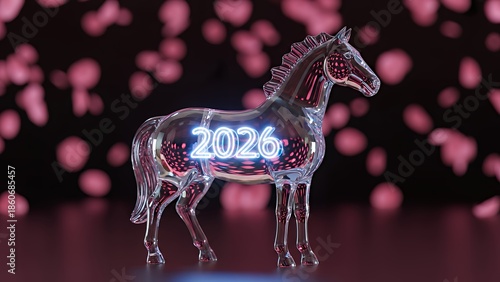 Transparent horse figurine with glowing 2026 on its body stands against a dark background with pink bokeh lights
