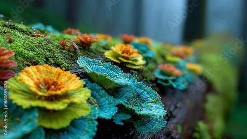 Vibrant moss and flowers on a log in misty forest