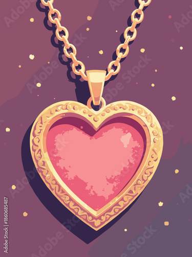 A heart-shaped locket necklace open to show a blank space for a photo. Vector jewelry illustration