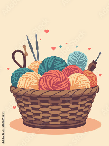 A basket of knitting supplies (yarn, needles). 'Handmade with Love' concept. Flat vector