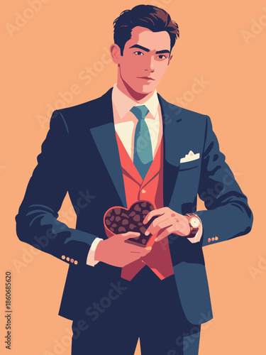 A stylish man in a suit checking his watch and holding a heart-shaped box of chocolates. Waiting for a date. Minimalist vector