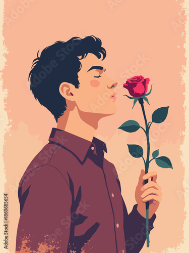 A man holding a single red rose, smelling it with eyes closed. Peaceful and romantic. Flat vector portrait