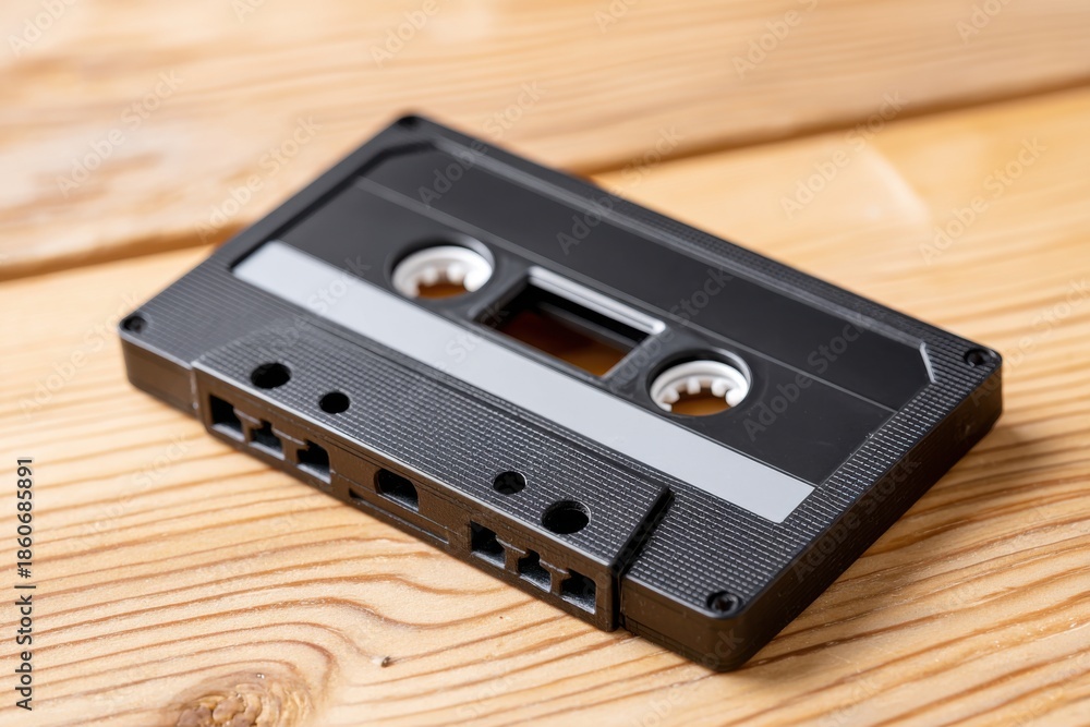 Obraz premium Realistic audio cassette lying on a wooden surface, showcasing vintage design and nostalgic appeal, perfect for music lovers and retro enthusiasts with copy space