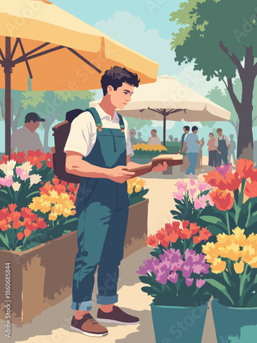A man buying flowers for himself at a market stall. 'Treat Yourself'. Flat vector, vibrant colors