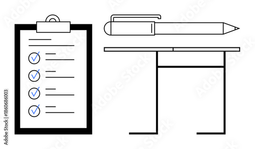 Project planning, task management, productivity, office tasks, goal setting, time management. A checklist with blue checkmarks, pen and desk. Task management and productivity concept