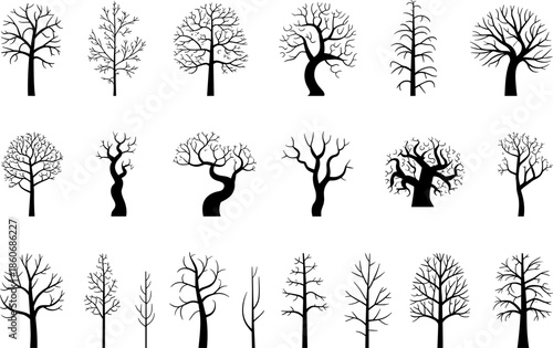 Collection of Bare Winter Tree Silhouettes Featuring Dead Branch Outlines and Leafless Trunk Vectors for Seasonal Nature Landscape Graphic Design
